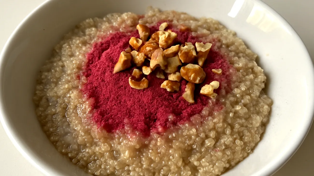 Amaranth-Quinoa-Bowl mit Rote Bete-Pulver und Walnüssen"