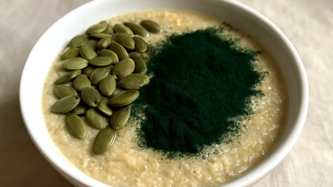 Amaranth-Quinoa-Porridge mit Kürbiskernen und Spirulina"