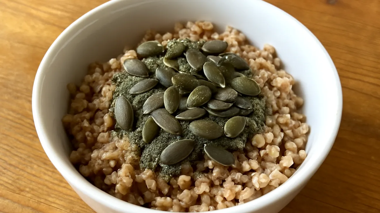 Buchweizen-Porridge mit Brennnessel-Pulver und Kürbiskernen"