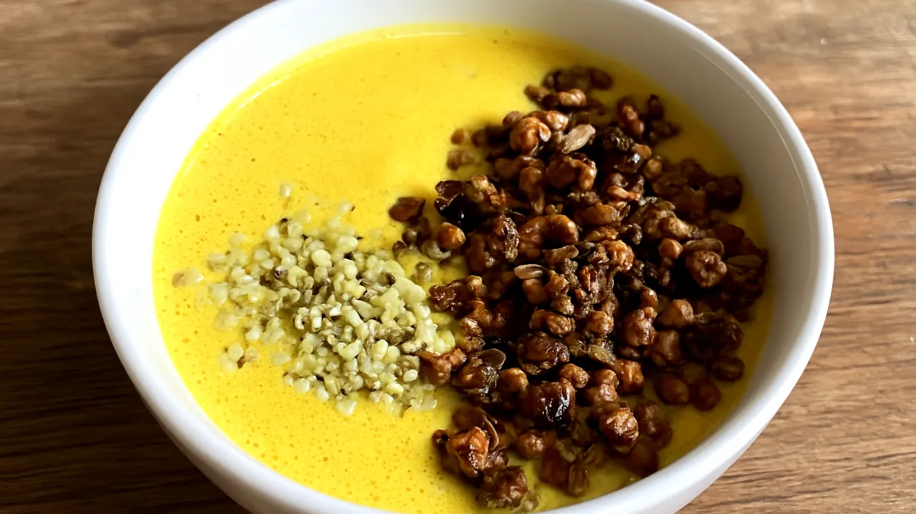 Goldene Milch mit Buchweizen-Granola und Hanfsamen"