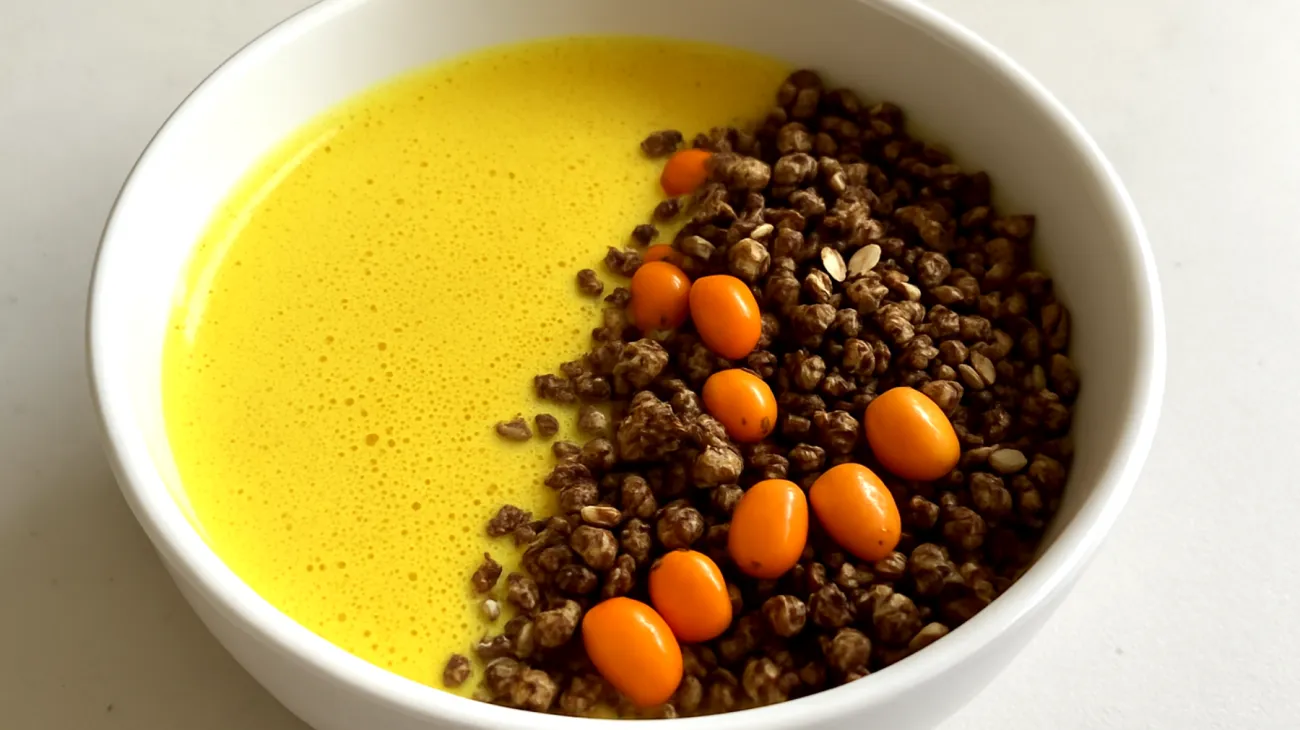 Goldene Milch mit Buchweizen-Granola und Sanddornbeeren"