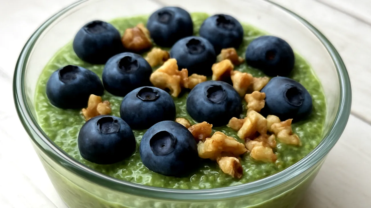 Matcha-Chia-Pudding mit Walnüssen und Blaubeeren"
